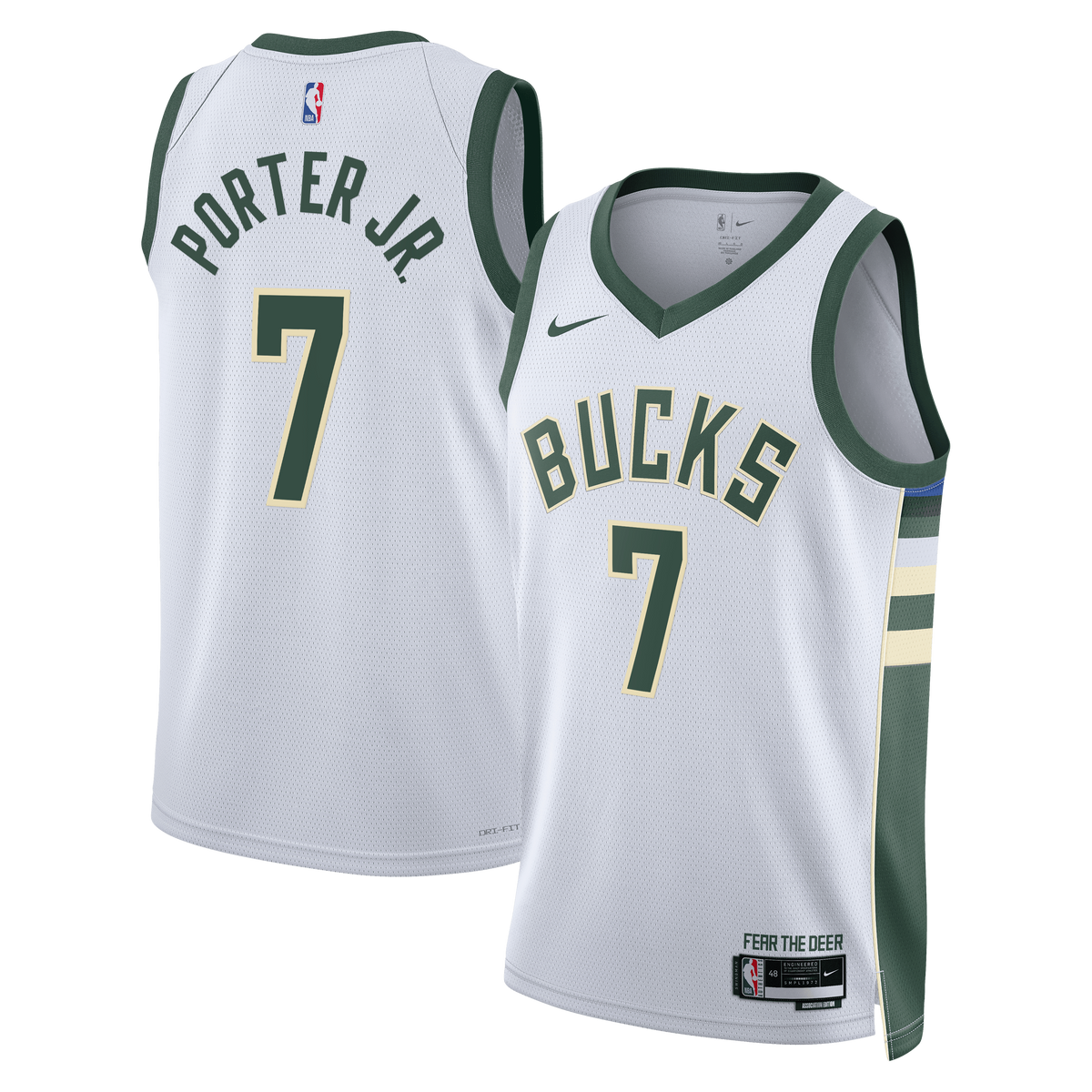 Milwaukee Bucks Association Edition Swingman Basketball Jersey- White- Kevin Porter Jr.- Unisex basketball fan jersey